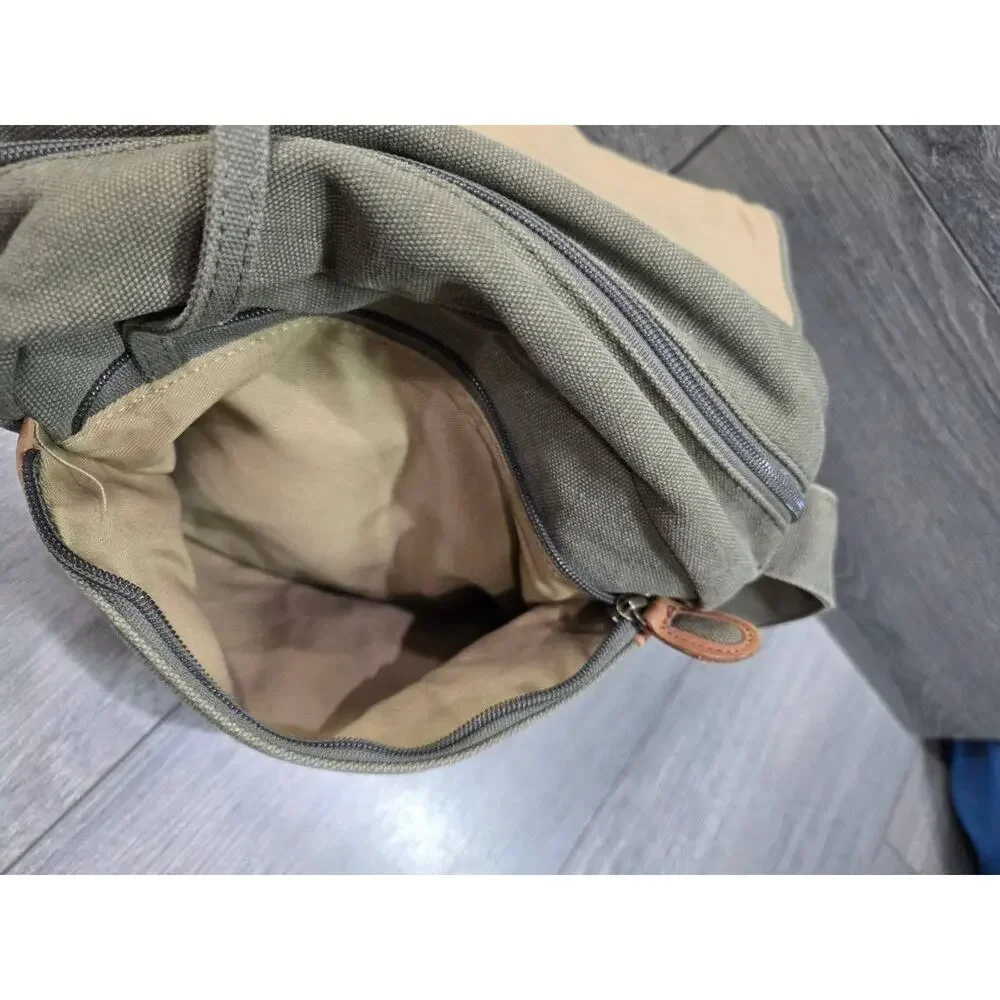 LL Bean Leather Canvas Crossbody Messenger Bag Olive Green Flap Utility B000759